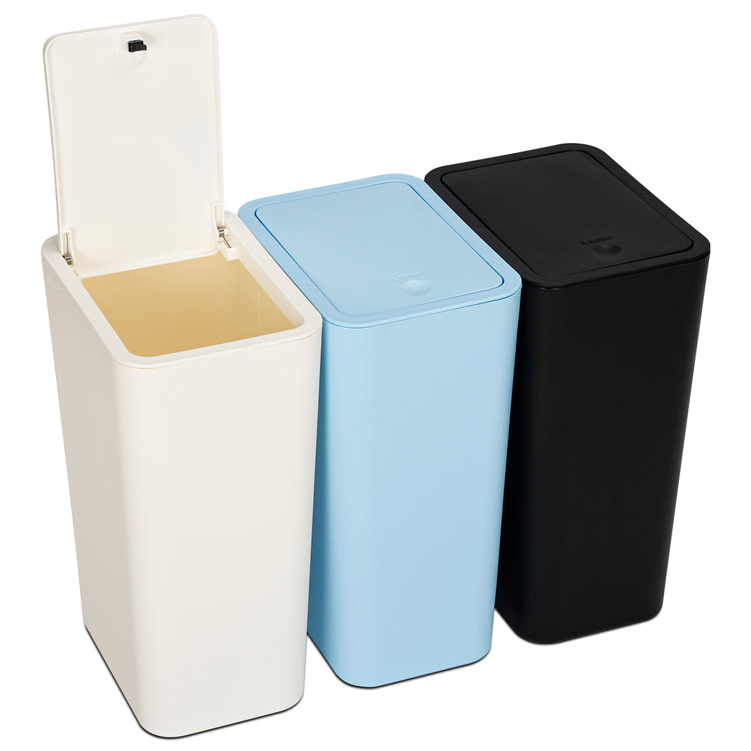 N. NETDOT 3 Pack 10L / 2.6 Gallon Small Trash Can with Lid,Bathroom Garbage Can with Pop-Up Lid,Waste Basket for Bathroom,Kitchen,Bedroom,Powder Room,Office,College (Off White-Blue-Black)