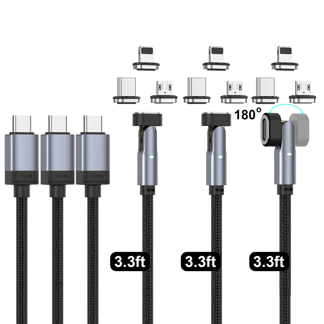 NetDot USB-C to USB-C Magnetic Charging Cable,Gen14 3in1 100W Fast Charging Type-C Magnetic Charger and Data Transfer cable for USB-C,Micro USB Phones,Laptop and i-Products - 3 black 3.3ft