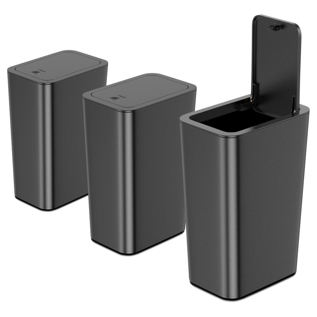 N. NETDOT 3 Pack 10 L/2.6 Gal Bathroom Trash Can with Lid, Small Kitchen Trash Can with Press Type Lid, Black Trash Can/Slim Garbage Cans/Trash Bin/Waste Basket for Bathroom,Kitchen,Office,Bedroom