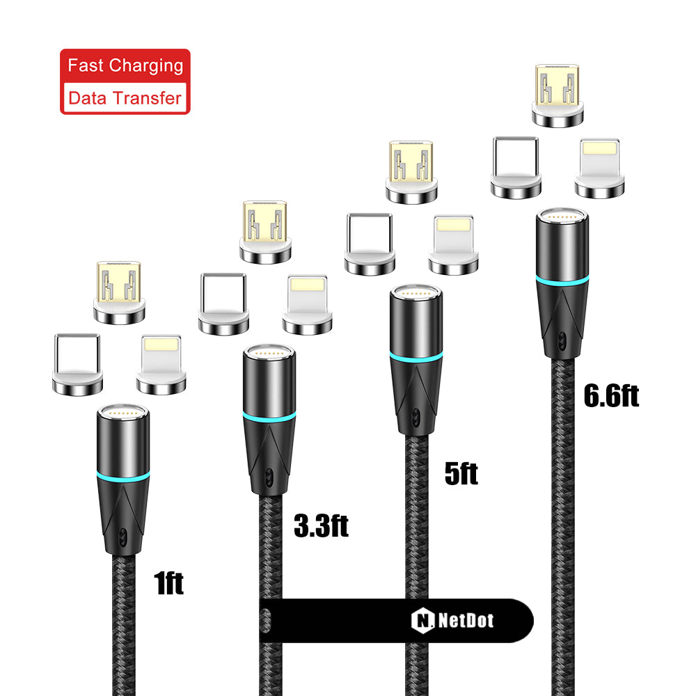 NetDot 3in1 Gen12 Magnetic Fast Charging Data Transfer Cable compatible with Micro USB & USB-C smartphones and iPhone [1/3.3/5/6.6ft,4 pack black]