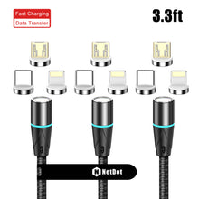 Lade das Bild in den Galerie-Viewer, NetDot 3in1 Gen12 Magnetic Fast Charging Data Transfer Cable compatible with Micro USB &amp; USB-C smartphones and iPhone [3.3ft,3 pack black]
