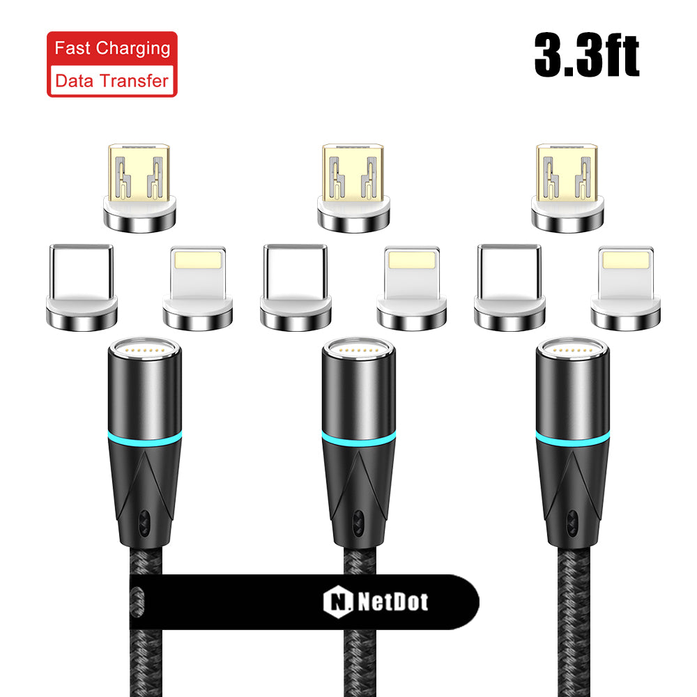 NetDot 3in1 Gen12 Magnetic Fast Charging Data Transfer Cable compatible with Micro USB & USB-C smartphones and iPhone [3.3ft,3 pack black]