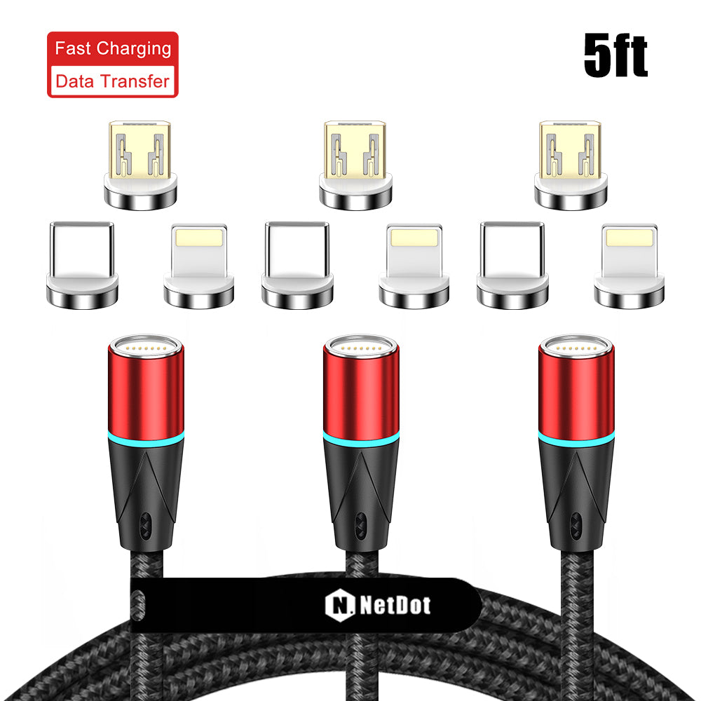 NetDot 3in1 Gen12 Magnetic Fast Charging Data Transfer Cable compatible with Micro USB & USB-C smartphones and iPhone [5ft/1.5m,3 pack red]