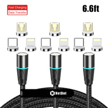 Load image into Gallery viewer, NetDot 3in1 Gen12 Magnetic Fast Charging Data Transfer Cable compatible with Micro USB &amp; USB-C smartphones and iPhone [6.6ft/2m,3 pack black]
