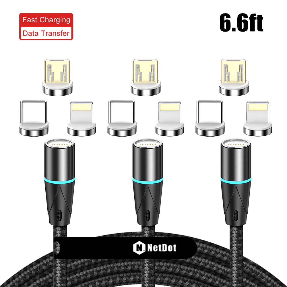 NetDot 3in1 Gen12 Magnetic Fast Charging Data Transfer Cable compatible with Micro USB & USB-C smartphones and iPhone [6.6ft/2m,3 pack black]